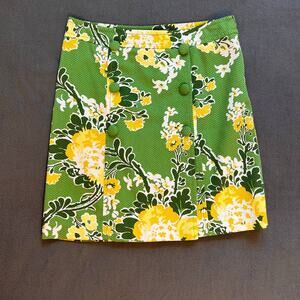 Talbots Petite Floral Skirt Womens Size 12 Green Yellow Retro Buttons A-Line